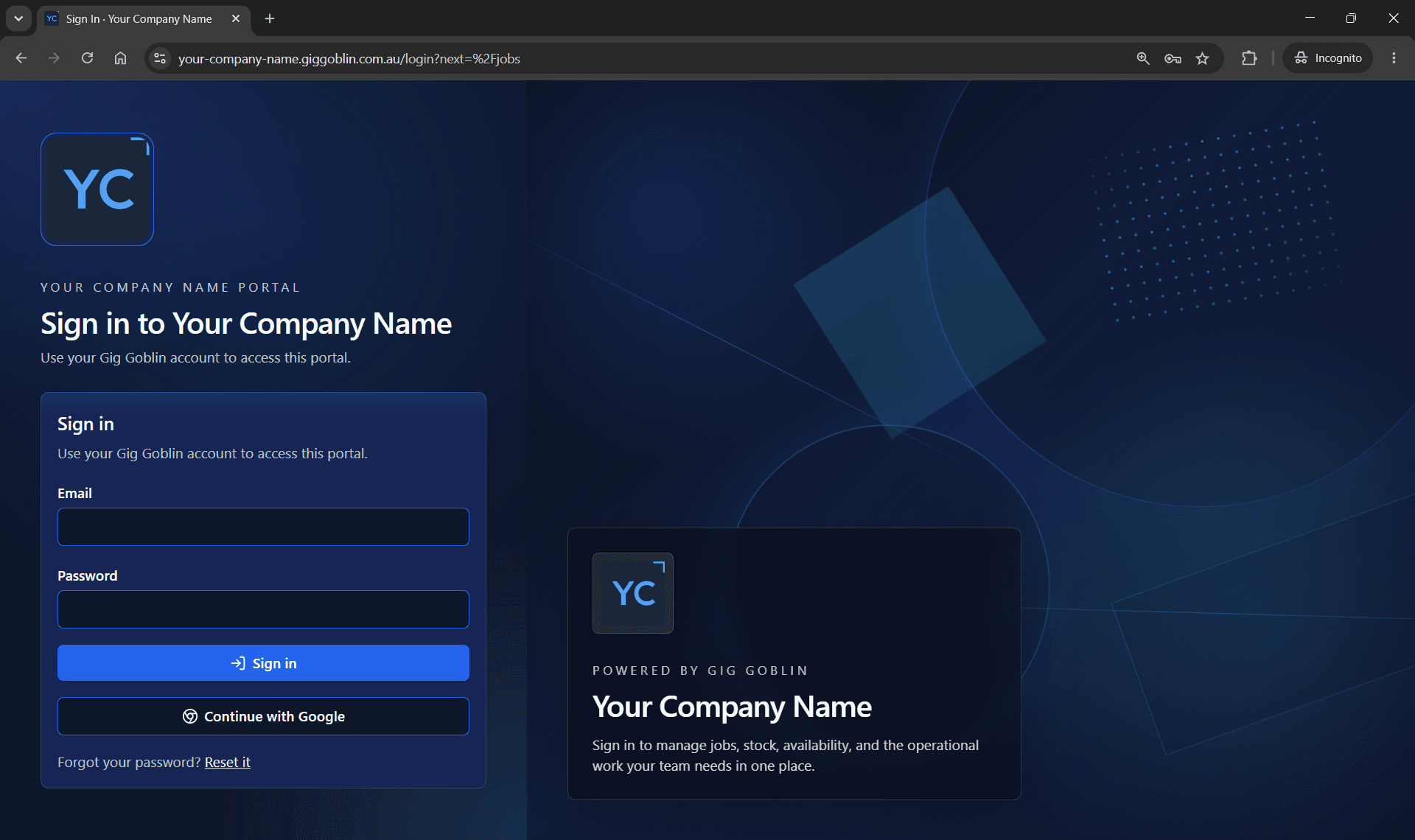 A branded company sign-in portal powered by GigGoblin