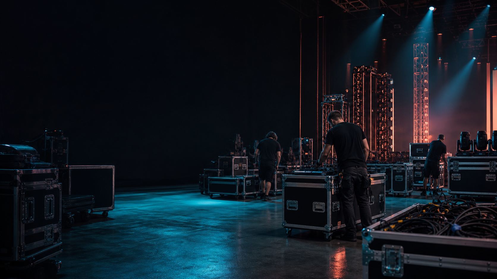 Live event operations team coordinating warehouse equipment